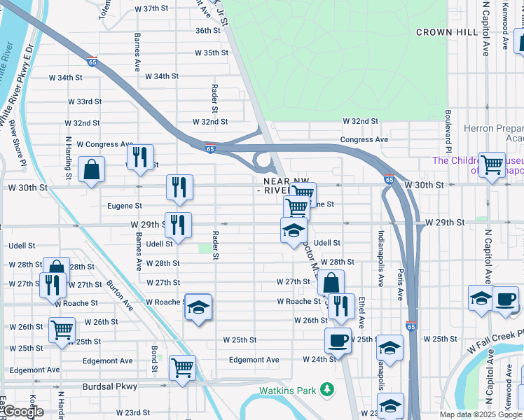 map of restaurants, bars, coffee shops, grocery stores, and more near 855 Eugene Street in Indianapolis