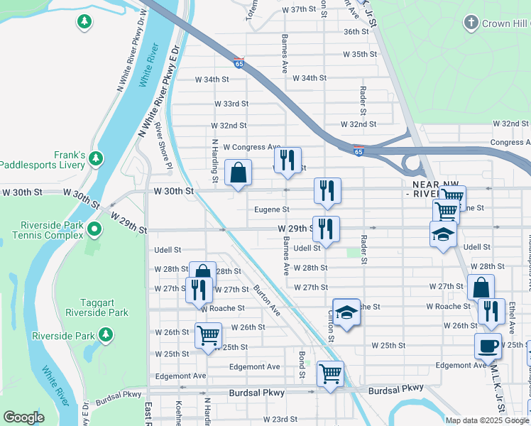 map of restaurants, bars, coffee shops, grocery stores, and more near 1242 West 29th Street in Indianapolis