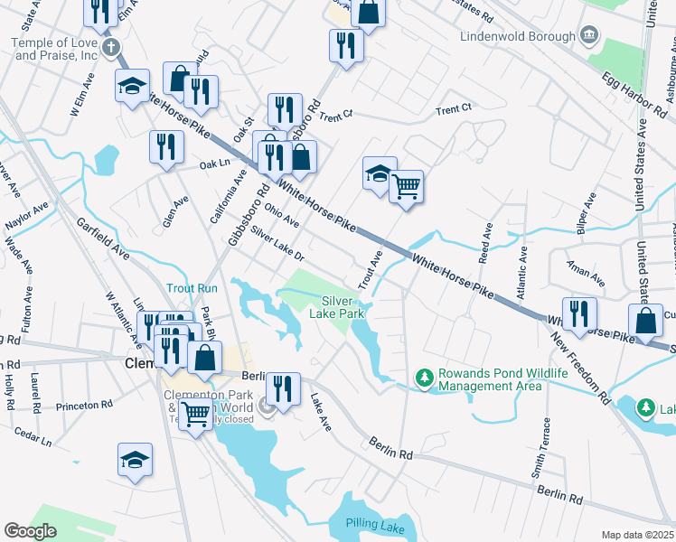 map of restaurants, bars, coffee shops, grocery stores, and more near 171 Silver Lake Drive in Clementon