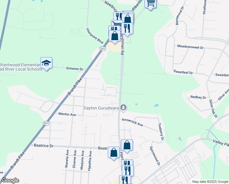 map of restaurants, bars, coffee shops, grocery stores, and more near 2581 Tidewater Drive in Dayton