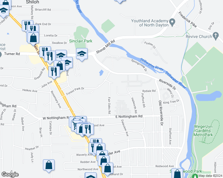 map of restaurants, bars, coffee shops, grocery stores, and more near 4384 Fair Oaks Road in Dayton
