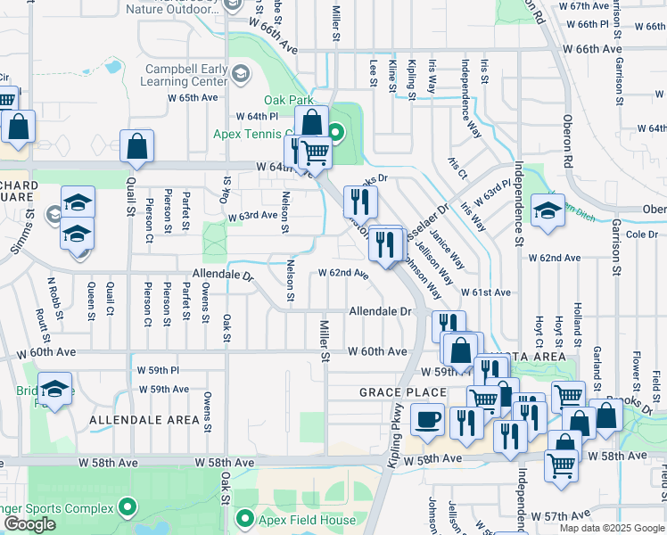 map of restaurants, bars, coffee shops, grocery stores, and more near 10334 West 62nd Avenue in Arvada