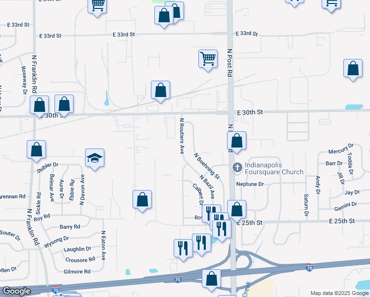 map of restaurants, bars, coffee shops, grocery stores, and more near 2814 North Boehning Street in Indianapolis