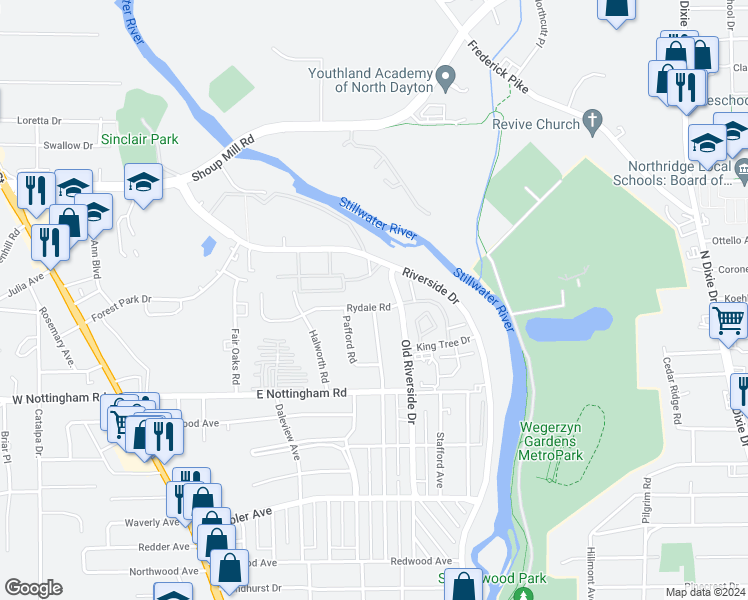 map of restaurants, bars, coffee shops, grocery stores, and more near 1291 Rydale Road in Dayton