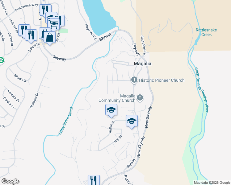 map of restaurants, bars, coffee shops, grocery stores, and more near 13742 Blair Lane in Magalia