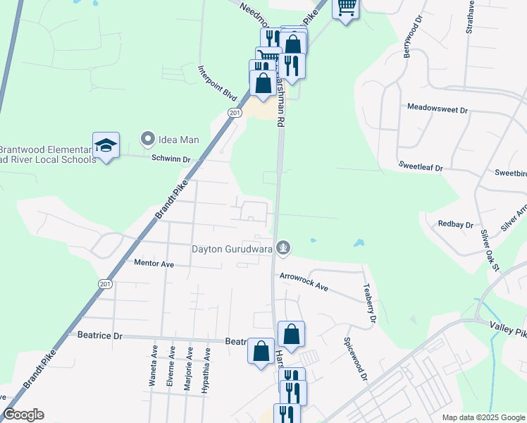 map of restaurants, bars, coffee shops, grocery stores, and more near 2581 Tidewater Drive in Dayton