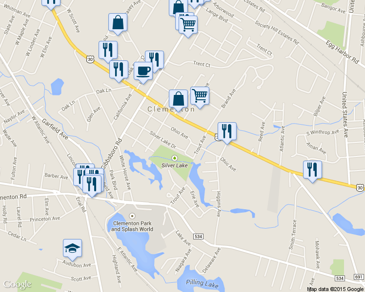 map of restaurants, bars, coffee shops, grocery stores, and more near 171 Silver Lake Drive in Clementon