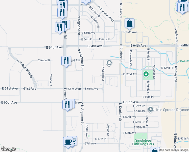 map of restaurants, bars, coffee shops, grocery stores, and more near Argonne Street in Denver