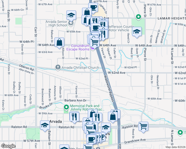 map of restaurants, bars, coffee shops, grocery stores, and more near 6150 Wadsworth Boulevard in Arvada