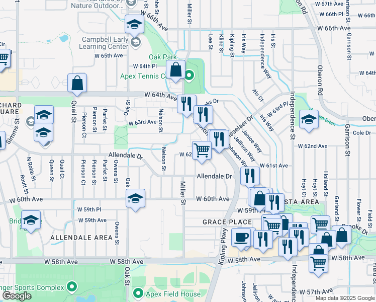 map of restaurants, bars, coffee shops, grocery stores, and more near 10334 West 62nd Avenue in Arvada