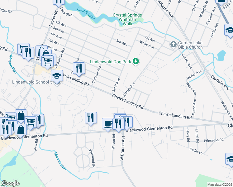 map of restaurants, bars, coffee shops, grocery stores, and more near 220 Chews Landing Road in Lindenwold