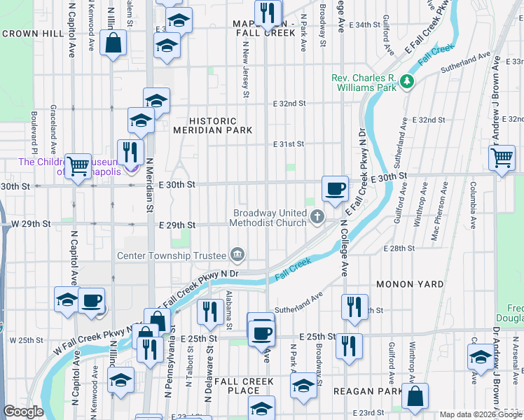 map of restaurants, bars, coffee shops, grocery stores, and more near 2911 Central Avenue in Indianapolis