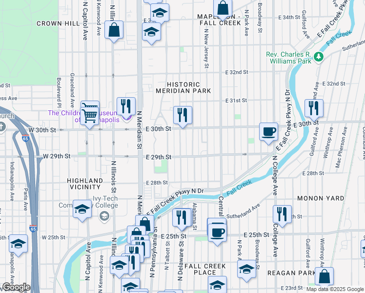 map of restaurants, bars, coffee shops, grocery stores, and more near 2902 North Washington Boulevard in Indianapolis