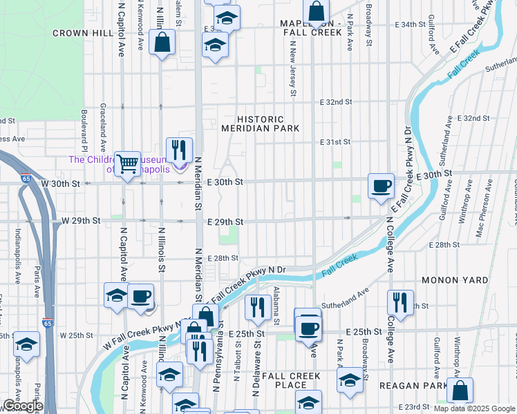 map of restaurants, bars, coffee shops, grocery stores, and more near 2902 North Washington Boulevard in Indianapolis