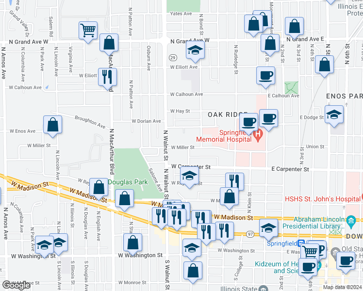 map of restaurants, bars, coffee shops, grocery stores, and more near 543 West Miller Street in Springfield