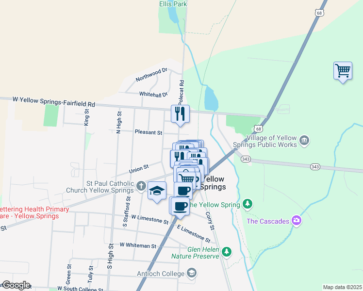 map of restaurants, bars, coffee shops, grocery stores, and more near 123 Cliff Street in Yellow Springs