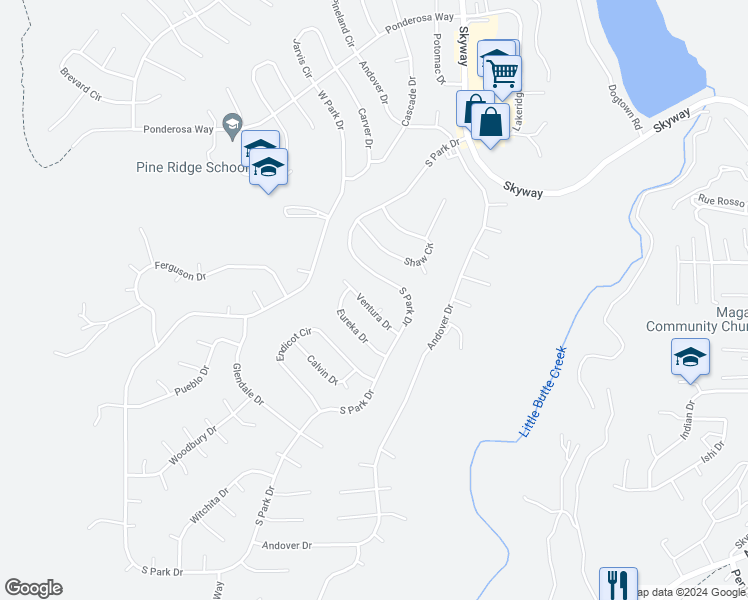 map of restaurants, bars, coffee shops, grocery stores, and more near 6435 Ventura Drive in Magalia