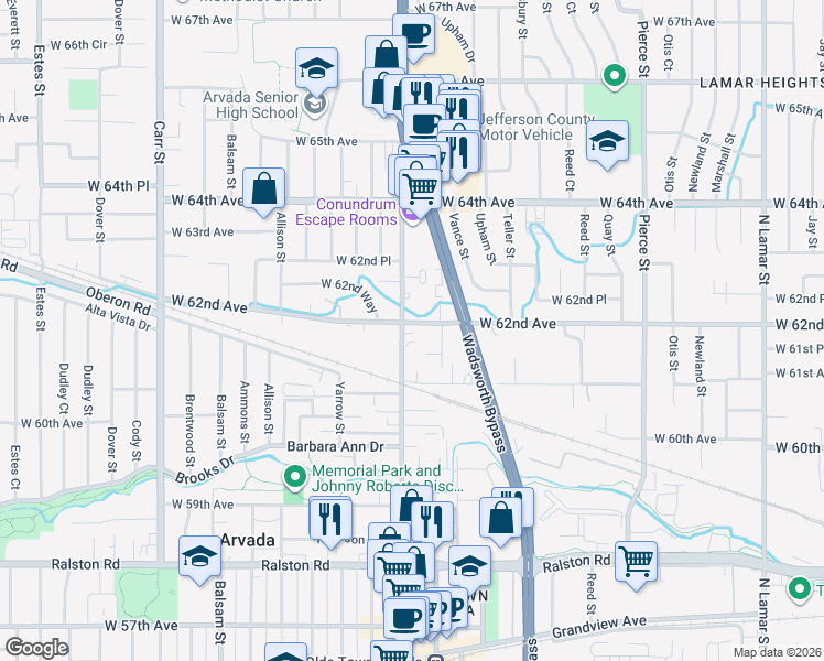 map of restaurants, bars, coffee shops, grocery stores, and more near 6150 Wadsworth Boulevard in Arvada