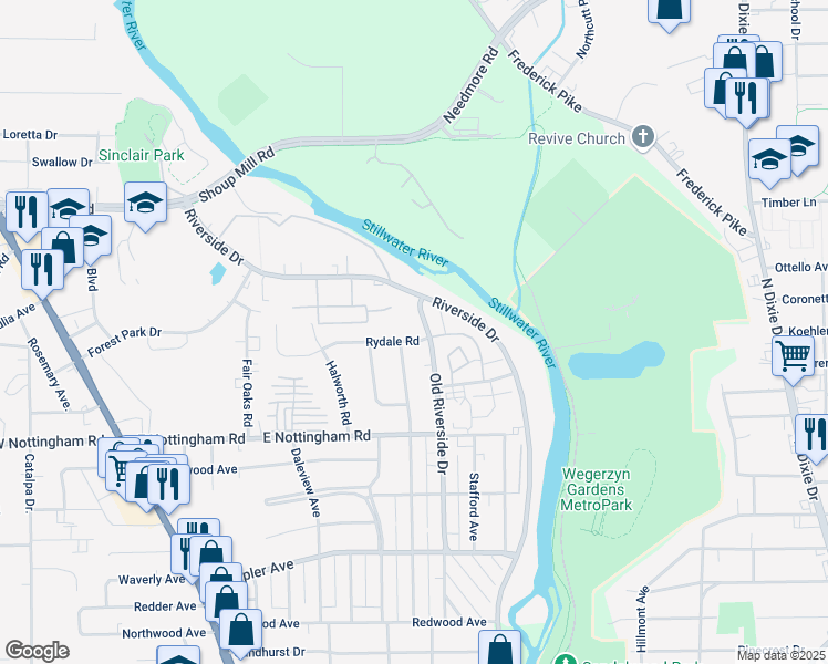 map of restaurants, bars, coffee shops, grocery stores, and more near 4210 Fer Don Road in Dayton