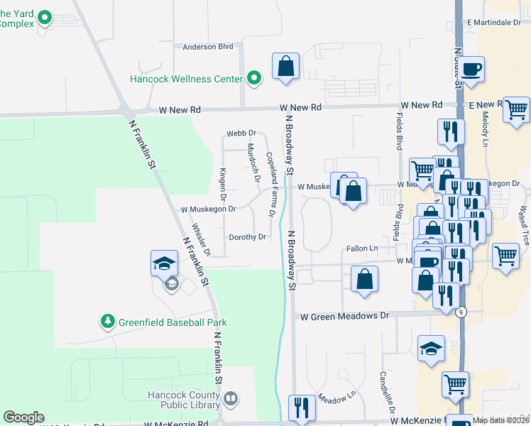 map of restaurants, bars, coffee shops, grocery stores, and more near 1657 Catt Drive in Greenfield