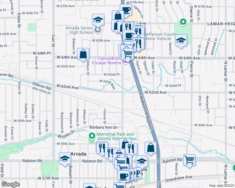 map of restaurants, bars, coffee shops, grocery stores, and more near 7620 West 62nd Avenue in Arvada