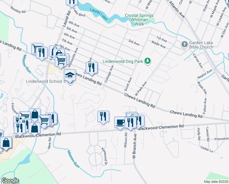 map of restaurants, bars, coffee shops, grocery stores, and more near 334 Chews Landing Road in Lindenwold