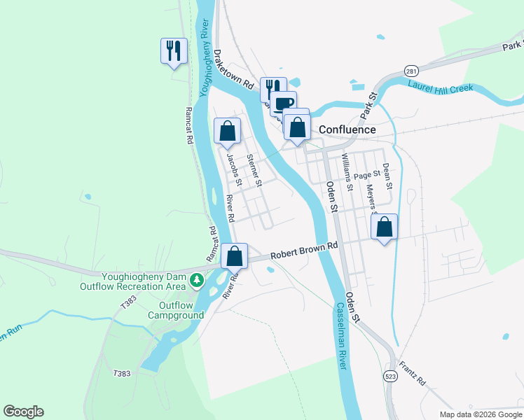 map of restaurants, bars, coffee shops, grocery stores, and more near 705 Jacobs Street in Confluence