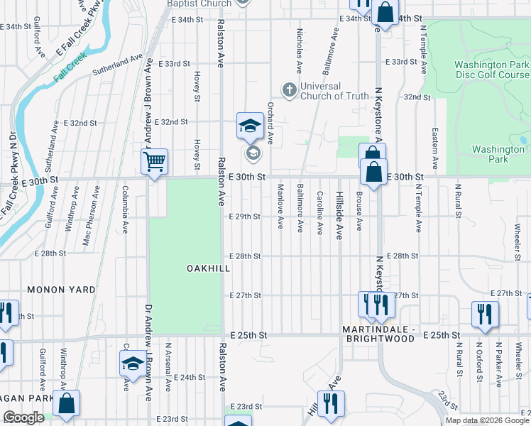 map of restaurants, bars, coffee shops, grocery stores, and more near 2845 Sangster Avenue in Indianapolis