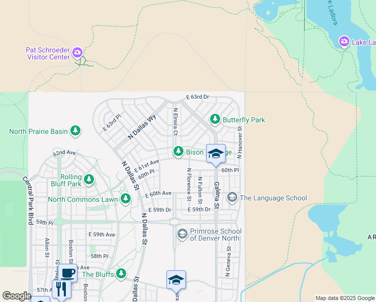 map of restaurants, bars, coffee shops, grocery stores, and more near 9800 East 61st Avenue in Commerce City