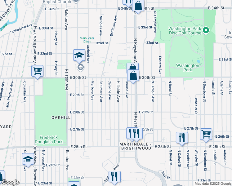 map of restaurants, bars, coffee shops, grocery stores, and more near 2845 Hillside Avenue in Indianapolis