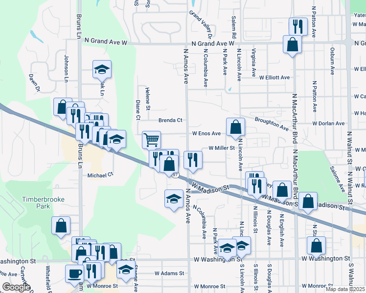 map of restaurants, bars, coffee shops, grocery stores, and more near 705 North Amos Avenue in Springfield