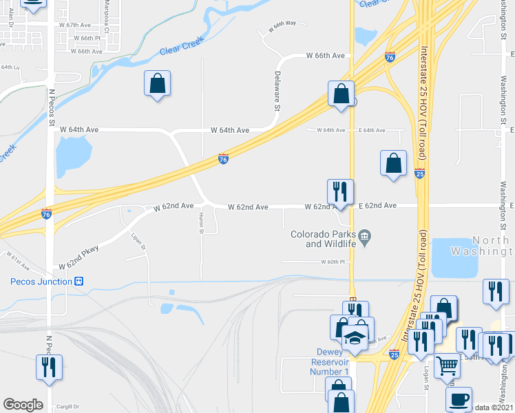 map of restaurants, bars, coffee shops, grocery stores, and more near West 62nd Avenue in Denver