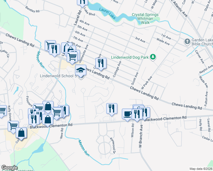 map of restaurants, bars, coffee shops, grocery stores, and more near 144 Crossing Way in Lindenwold