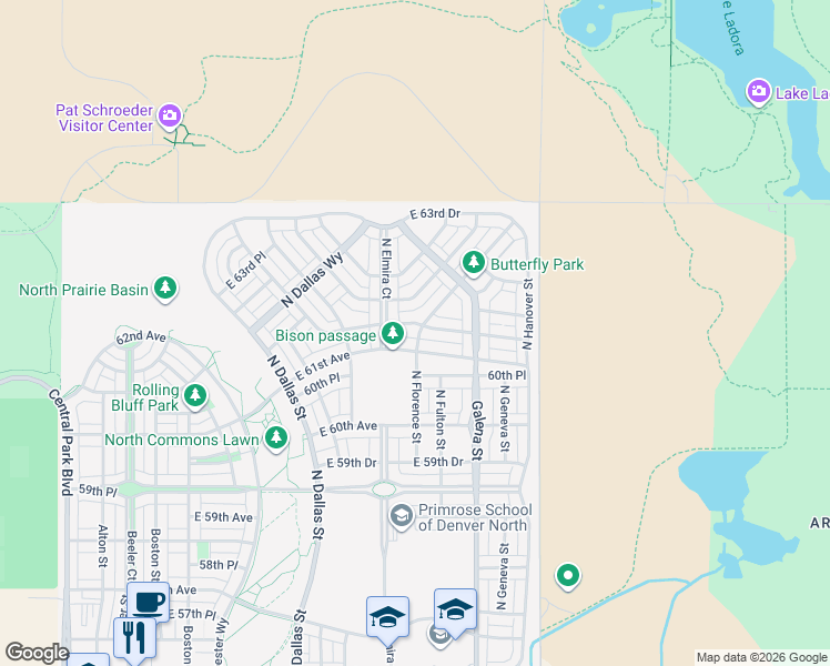 map of restaurants, bars, coffee shops, grocery stores, and more near 9800 East 61st Avenue in Commerce City