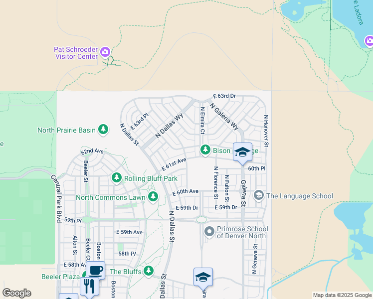 map of restaurants, bars, coffee shops, grocery stores, and more near 9787 East 61st Avenue in Denver