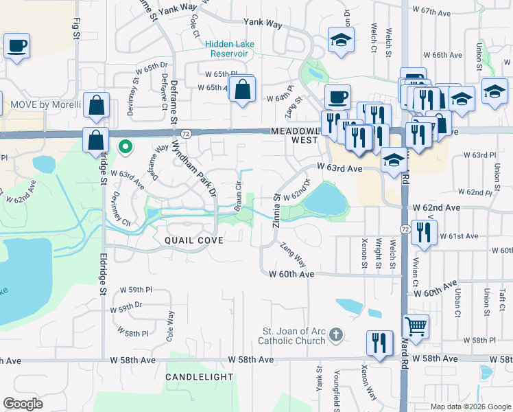map of restaurants, bars, coffee shops, grocery stores, and more near 6153 Alkire Court in Arvada