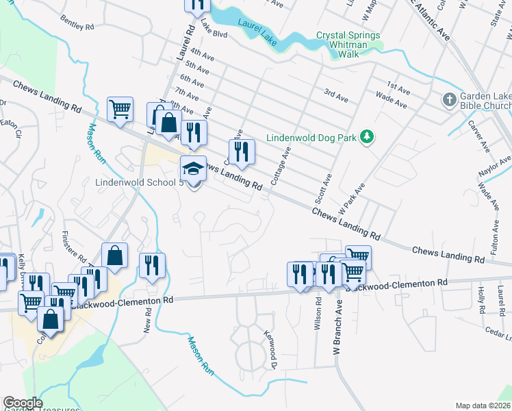 map of restaurants, bars, coffee shops, grocery stores, and more near 144 Crossing Way in Lindenwold
