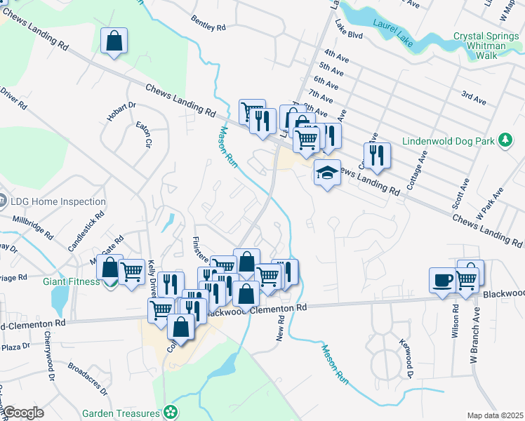 map of restaurants, bars, coffee shops, grocery stores, and more near 2311 Timber Creek in Clementon