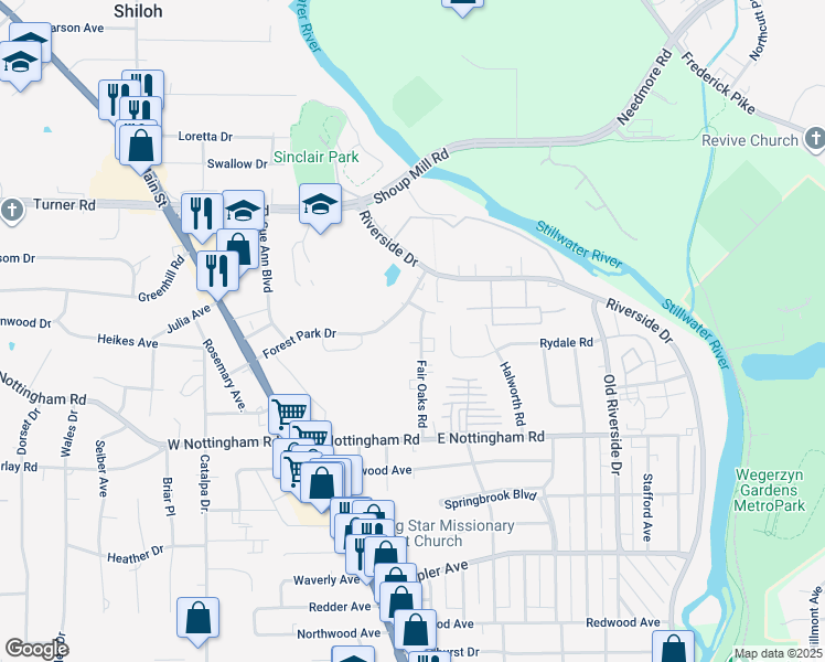 map of restaurants, bars, coffee shops, grocery stores, and more near 4366 Fair Oaks Road in Dayton