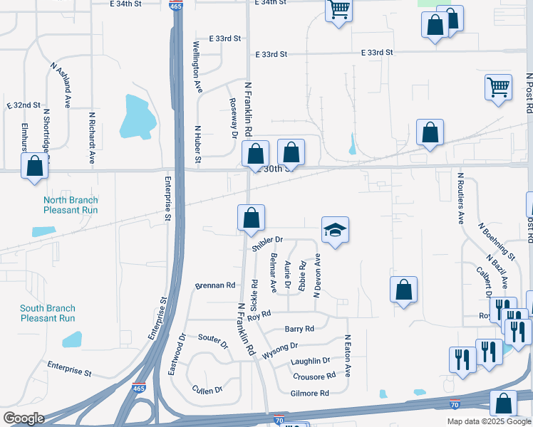 map of restaurants, bars, coffee shops, grocery stores, and more near 8108 Shibler Drive in Indianapolis