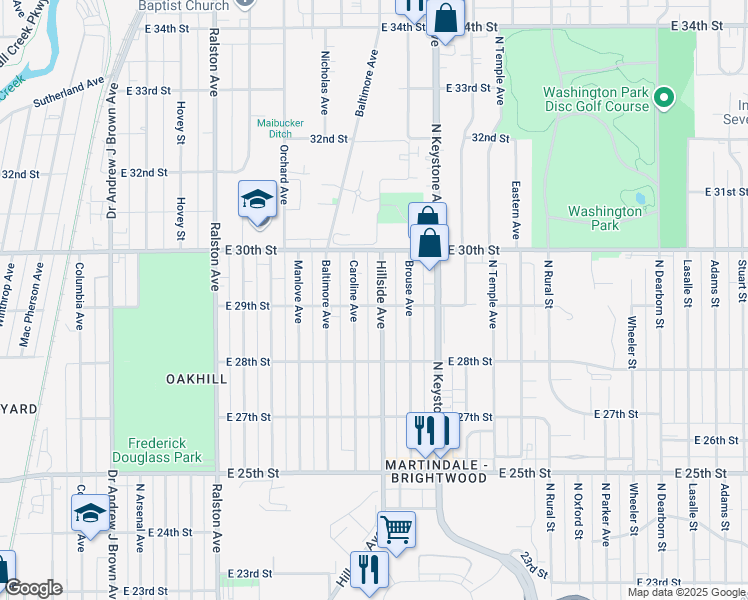 map of restaurants, bars, coffee shops, grocery stores, and more near 2845 Hillside Avenue in Indianapolis
