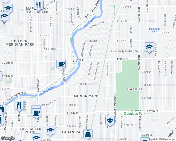 map of restaurants, bars, coffee shops, grocery stores, and more near 2832 Winthrop Avenue in Indianapolis