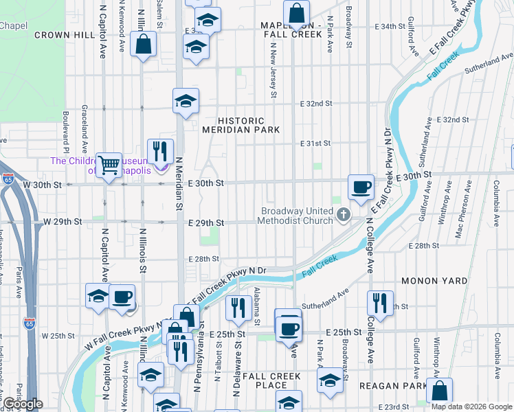 map of restaurants, bars, coffee shops, grocery stores, and more near 2902 North Washington Boulevard in Indianapolis