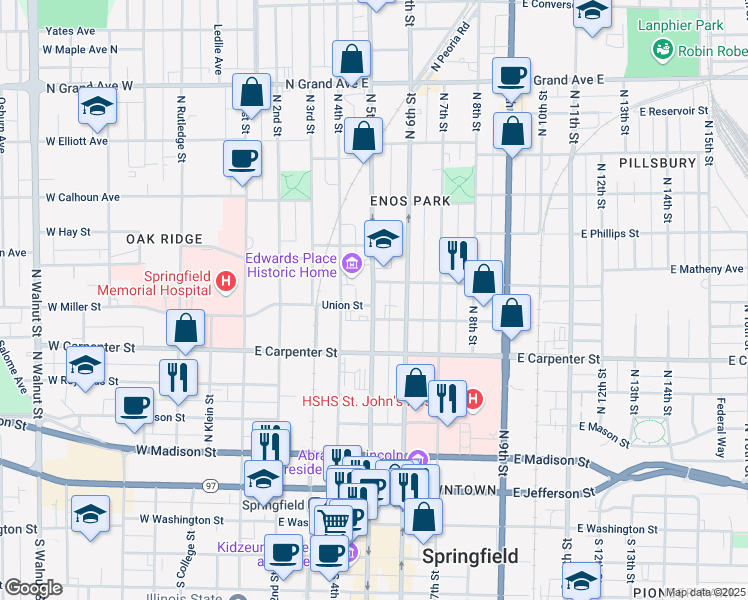 map of restaurants, bars, coffee shops, grocery stores, and more near 704 North 5th Street in Springfield