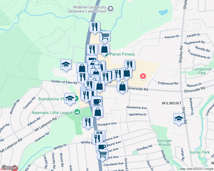 map of restaurants, bars, coffee shops, grocery stores, and more near 3535 Silverside Road in Wilmington