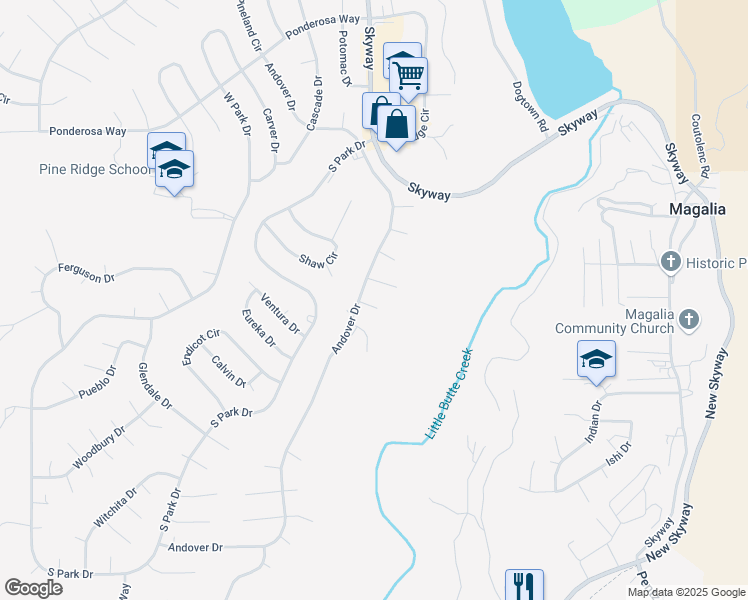 map of restaurants, bars, coffee shops, grocery stores, and more near 6563 Drake Court in Magalia