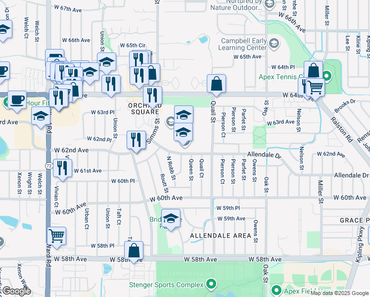 map of restaurants, bars, coffee shops, grocery stores, and more near 11325 Allendale Drive in Arvada
