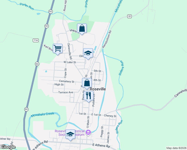 map of restaurants, bars, coffee shops, grocery stores, and more near 219 North Main Street in Roseville