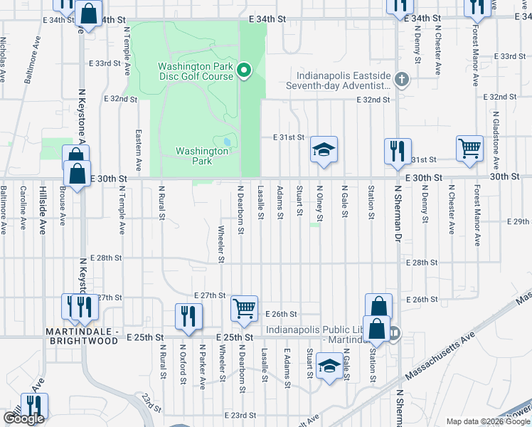 map of restaurants, bars, coffee shops, grocery stores, and more near 2867 North Lasalle Street in Indianapolis