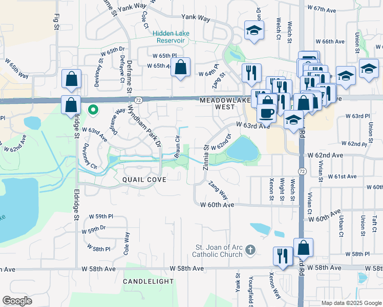 map of restaurants, bars, coffee shops, grocery stores, and more near 6153 Alkire Court in Arvada